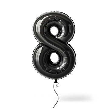 A balloon shaped like the number 8,matte black metallic finish with realistic reflections and smooth texture.