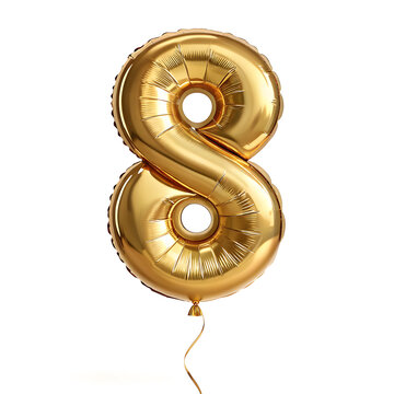 A balloon shaped like the number 8 ,gold metallic finish with realistic reflections and smooth texture.