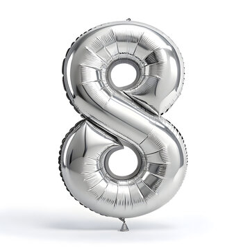 A balloon shaped like the number 8 ,silver metallic finish with realistic reflections and smooth texture.