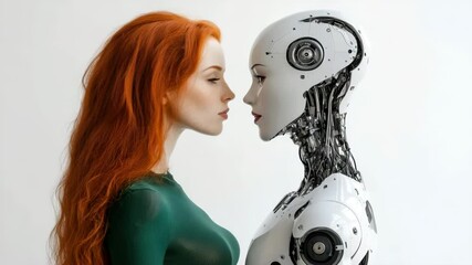 Poster - Attractive female model with long, red hair wearing a green bodysuit, standing next to a white robot and looking at each other, isolated on a light background.