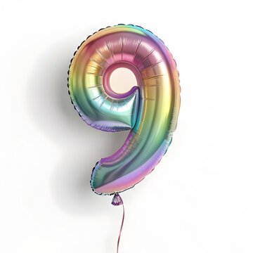 A balloon shaped like the number 9,holographic metallic finish with realistic reflections and smooth texture.