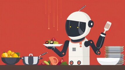 Close-up of a cooking robot in a modern kitchen, using AI-powered arms to stir, fry, and season ingredients in a pan, with a digital display showing recipes and cooking times, demonstrating automated 