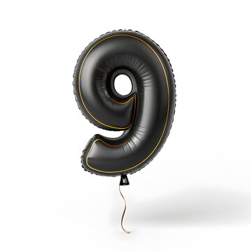 A balloon shaped like the number 9,matte black metallic finish with realistic reflections and smooth texture.