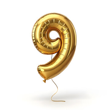 A balloon shaped like the number 9 ,gold metallic finish with realistic reflections and smooth texture.