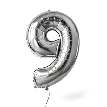 A balloon shaped like the number 9 ,silver metallic finish with realistic reflections and smooth texture.