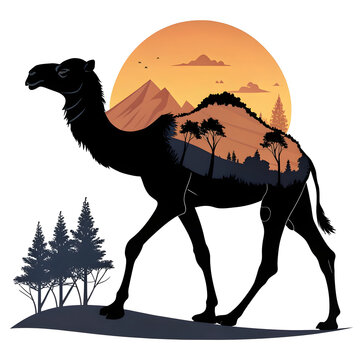A full-body black silhouette of a camel with one hump, standing in a side profile with clear outlines and minimalistic design.