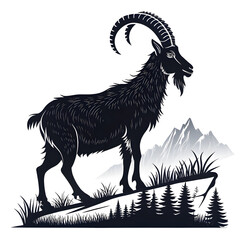 Fototapete - A full-body black silhouette of a goat standing in side profile, with distinct horns and a minimalistic design.