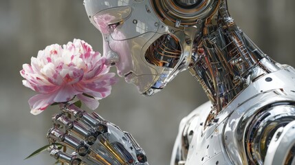 Poster - AI humanoid with chrome skin and intricate face details, holding a digital flower, symbolizing artificial emotion.