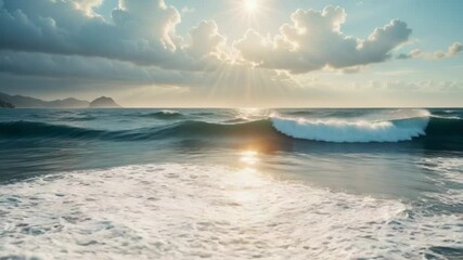 Wall Mural - a serene scene of sunlight piercing through cloud formations above the vast ocean, ideal for use in 