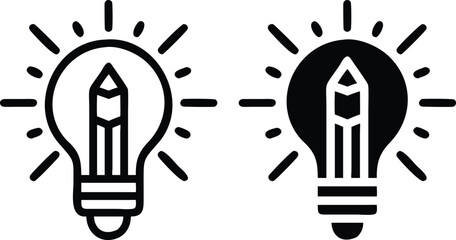 Poster - Minimalist Line Art Icon of Lightbulb with Pencil Inside and Radiating Light in Flat Black and White Style