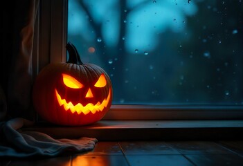 Wall Mural - Glowing pumpkins on a wooden shelf in a dark living room next to a window.