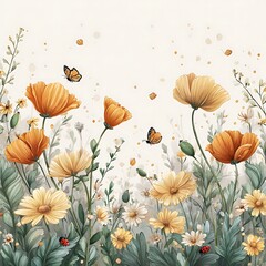 Poster - flat botanical illustration of wildflowers on white background, modern minimal style, orange poppies, green leaves, soft yellow daisies, ladybugs and butterflies as small accents