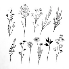 Poster - Hand-drawn wildflowers and herbs, isolated on white background, black ink on paper, hand-drawn style, simple line drawing, nature-inspired prints, fine lines, delicate curves, hand-drawn details
