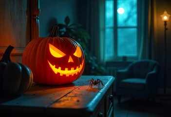Wall Mural - Glowing pumpkins on a wooden shelf in a dark living room next to a window.