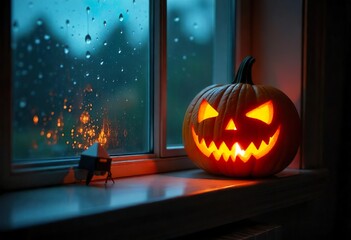 Wall Mural - A dimly lit bedroom on Halloween night, close-up of a carved pumpkin on a bed, flickering candlelight casting eerie shadows, autumn leaves scattered around.