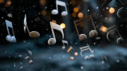 Poster - Floating musical notes with frost surrounded by soft light and snowflakes on a dark background with blurred orange lights