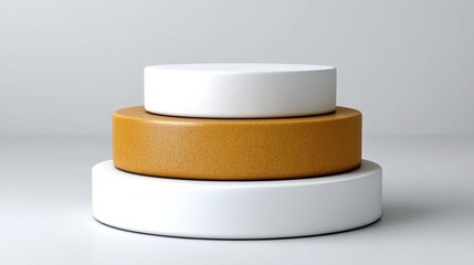 Poster - Stack of three white and brown cylinders. The cylinders are stacked on top of each other. The cylinders are made of a material that is not visible
