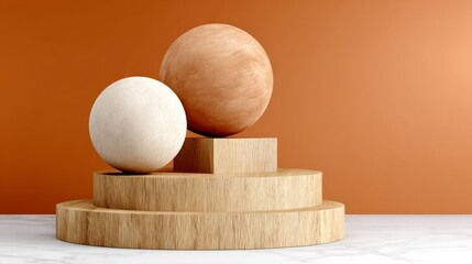 Poster - Two round balls are on top of a wooden platform. The balls are different sizes and are placed on top of each other. The platform is made of wood and is placed on a white surface