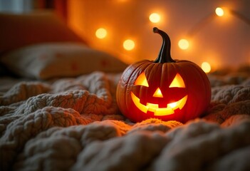 Wall Mural - A dimly lit bedroom on Halloween night, close-up of a carved pumpkin on a bed, flickering candlelight casting eerie shadows, autumn leaves scattered around.