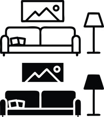 Poster - Minimalist Line Art Icon of Cozy Living Room Interior with Sofa, Lamp, and Framed Mountain Picture