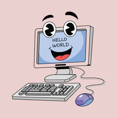 Leinwandbilder - Cheerful smiling computer display showing hello world with keyboard and mouse cartoon illustration
