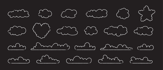 Fototapete - White chalk-style cloud outlines in various shapes, heart, star on a dark background. Pastel hand drawn pencil doodle fluffy weather icon set.