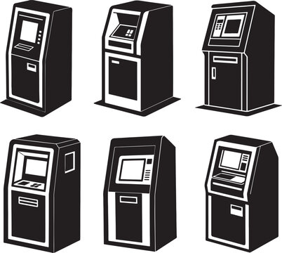 set of atm silhouette, black and white silhouette, vector and illustration