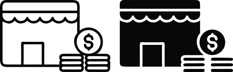 Poster - Minimalist Line Art Icon of Storefront Website with Awning and Two Coins in Flat Black and White Style