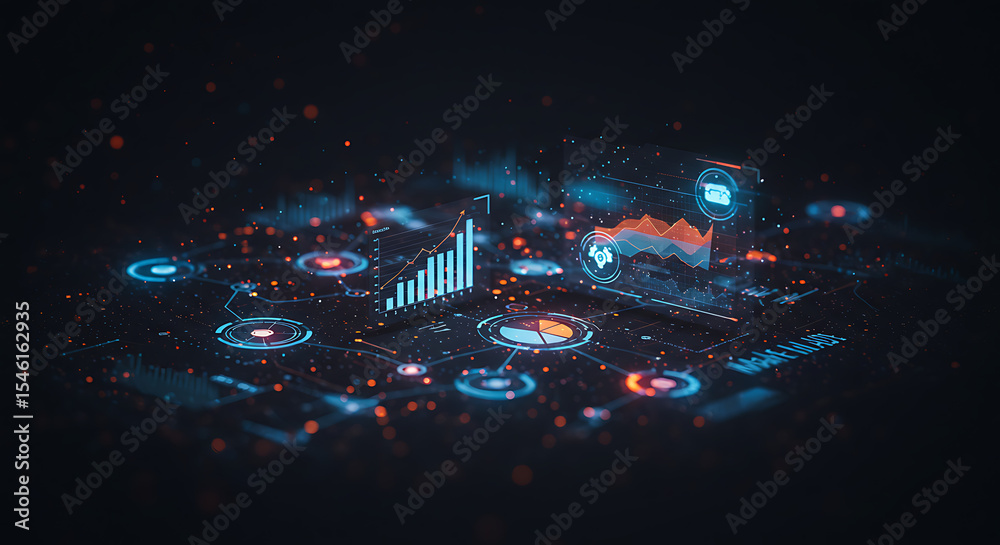A futuristic 3D data visualization dashboard with glowing holographic ...