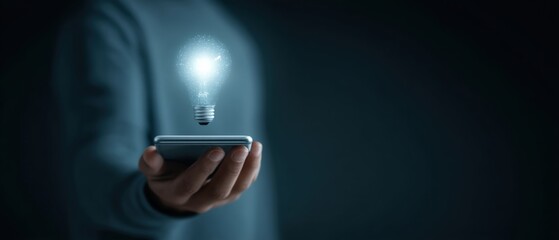 Poster - Innovative technology action smartphone with lightbulb illumination dark room digital art modern environment close-up viewpoint