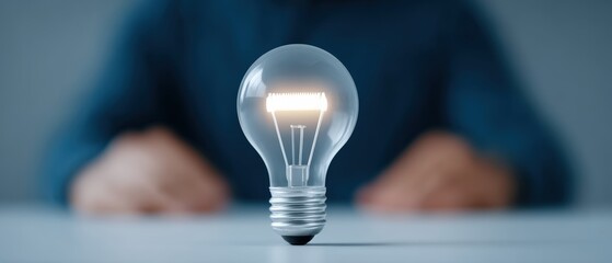 Poster - Innovative action of lightbulb concept in modern workspace focus on technology creative environment close-up perspective