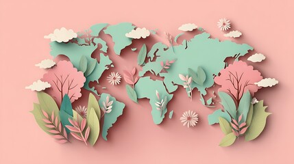 Poster - Earth green world map paper 3d horizontal banner, earth day