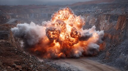 Poster - Explosive explosion at a quarry mine with open pit mining