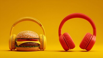 Poster - Headset and hamburger on a background, advertising concept, digital illustration