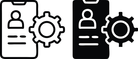 Poster - Minimalist Line Art Icon of Smartphone with User Profile and Settings Gear in Clean Monochrome Vector Style