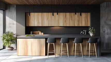 Poster - Kitchen interior in panoramic black and wood with dark gray counters, close up mockup