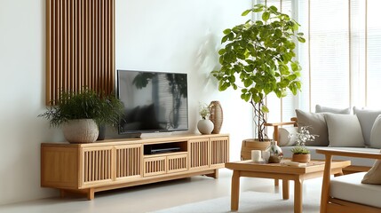 Poster - Japanese style wooden cabinet in a contemporary living room with a white wall background