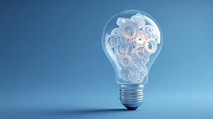 Poster - Light bulb with gears, concept of ideas, blue background, digital illustration, ai