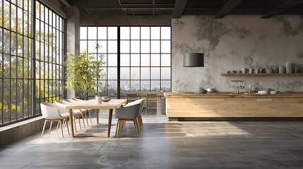 Poster - A contemporary kitchen with white walls concrete floor wooden cupboards dining table and large windows