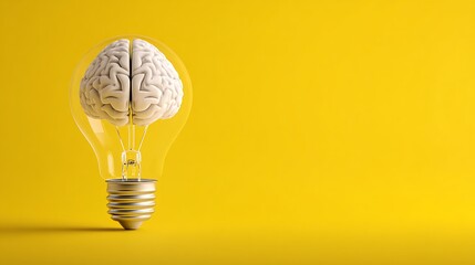 Poster - Lightbulb as brain shape yellow background, creative ideas and brainstorming concept