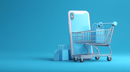 Aufkleber - Mobile phone and shopping cart illustration, online stores concept, background