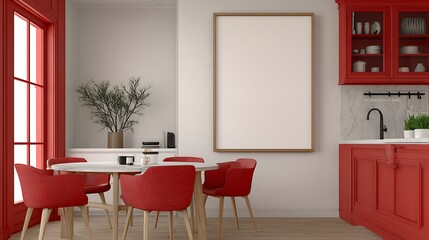 Poster - Mockup vertical frame kitchen and dining table home interior elegant furnishing, red and white colors