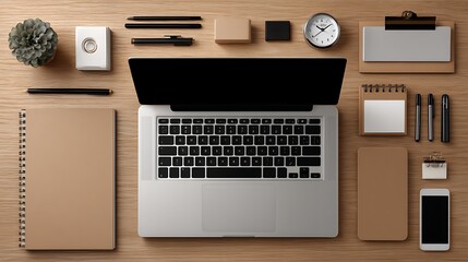 Aufkleber - Mockup of a laptop with workstation, office supplies, and copy space