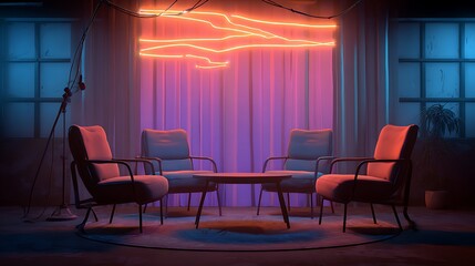 Poster - Podcast room illustration with chairs and table, neon lights, retro style