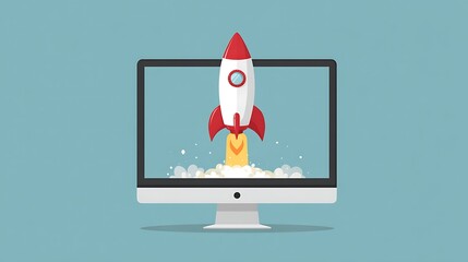 Aufkleber - Rocket on computer monitor screen, startup concept, blue background
