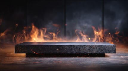 Poster - Table top stone or stand product display with fire flames in dark background