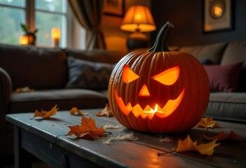 Wall Mural - A close-up of a glowing pumpkin placed in a living room at night, on a wooden table, Halloween decor.