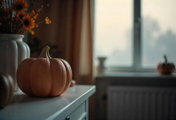 Wall Mural - Close-up of a ceramic pumpkin figurine on a shelf in a minimalist living room during a foggy Halloween evening. The figurine is painted in muted tones, is decorated with subtle Halloween accents.