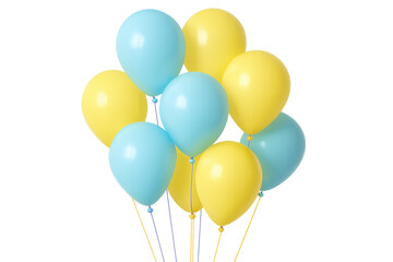 Poster - Bunch of yellow and light blue helium balloons floating on transparent background, perfect for party, celebration, birthday or anniversary designs