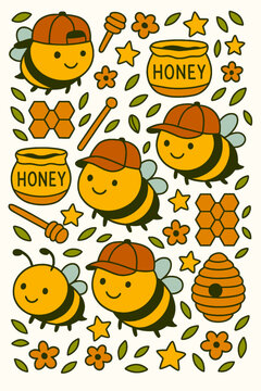 Cute bees wearing hats, honey, flowers and honeycombs and stars seamless colorful scribble cartoon pattern. Ready pattern examples in vector color swatch panel. Can be used for interior wallpaper, wra